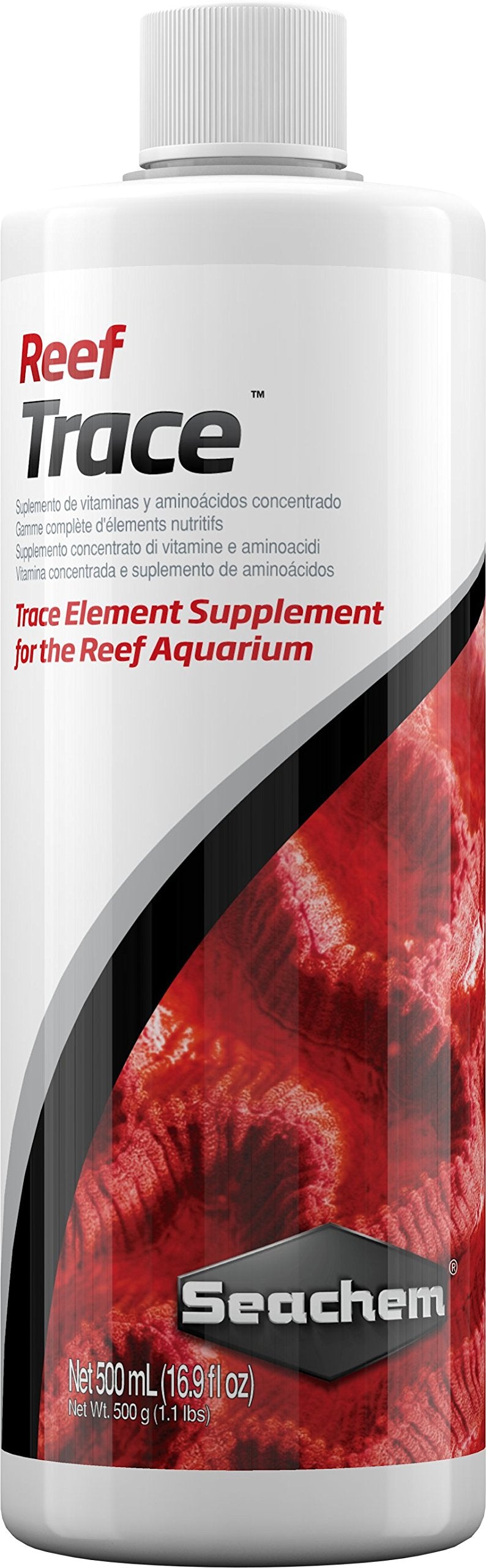Seachem Reef Trace, bouteille 500 ml, apportant des oligo-éléments essentiels.