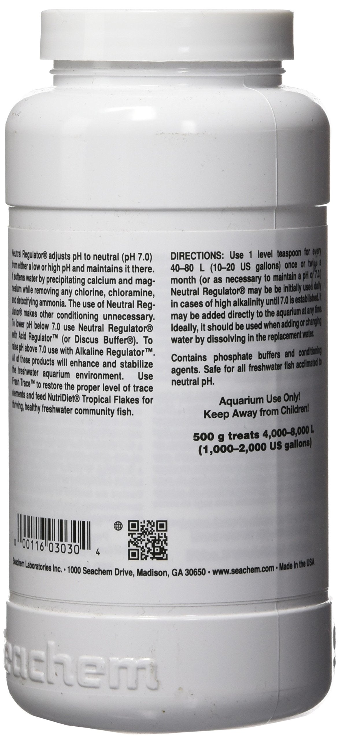 Seachem Neutral Regulator – étiquette claire, guide rapide pour dosage.