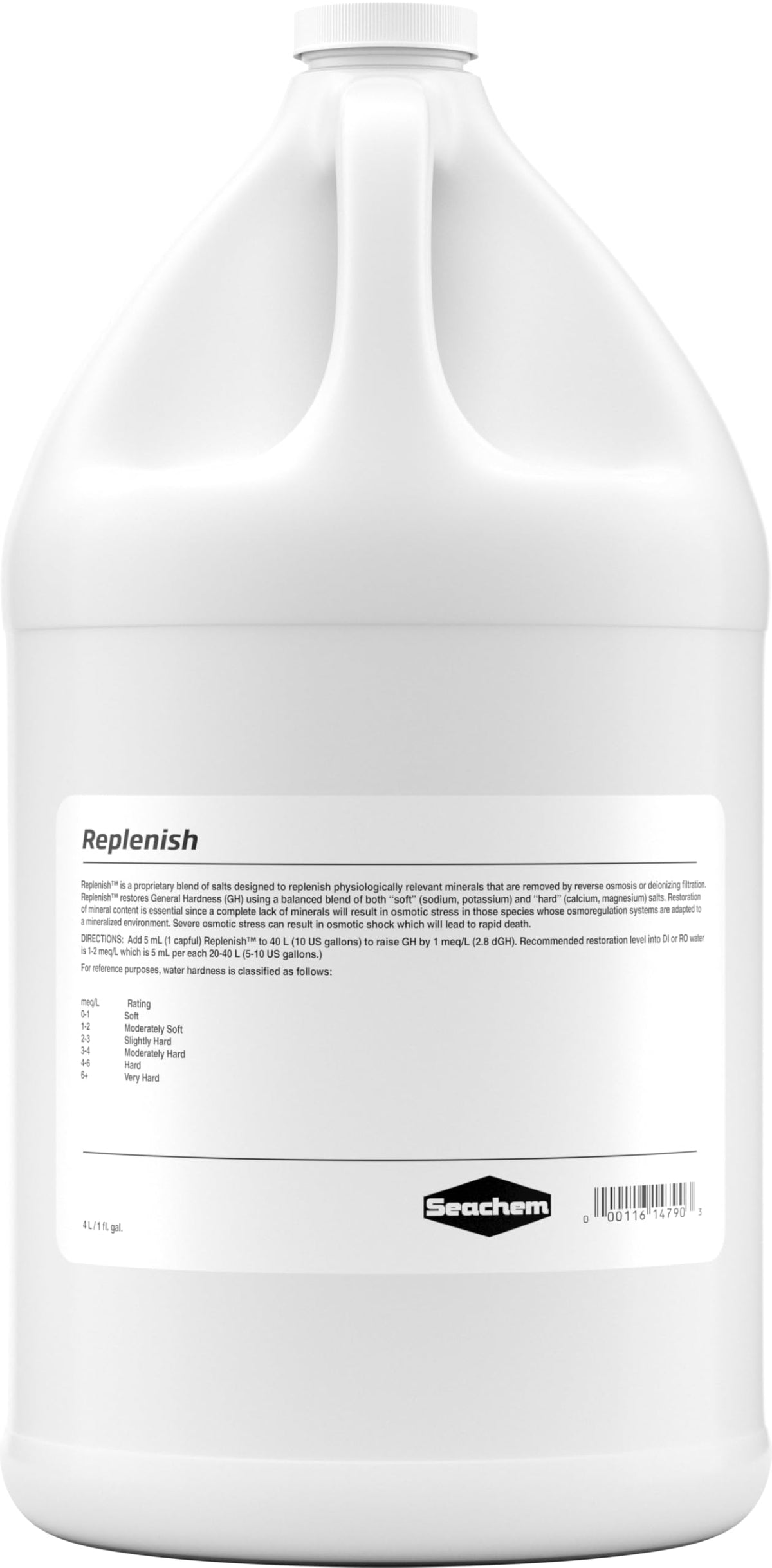 Seachem Replenish, verseur de 4l, aide à restaurer le GH des poissons d’eau douce.