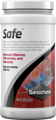 Seachem Safe — bouteille, conditionneur sec retirant le chlore et la chloramine, vue détaillée.