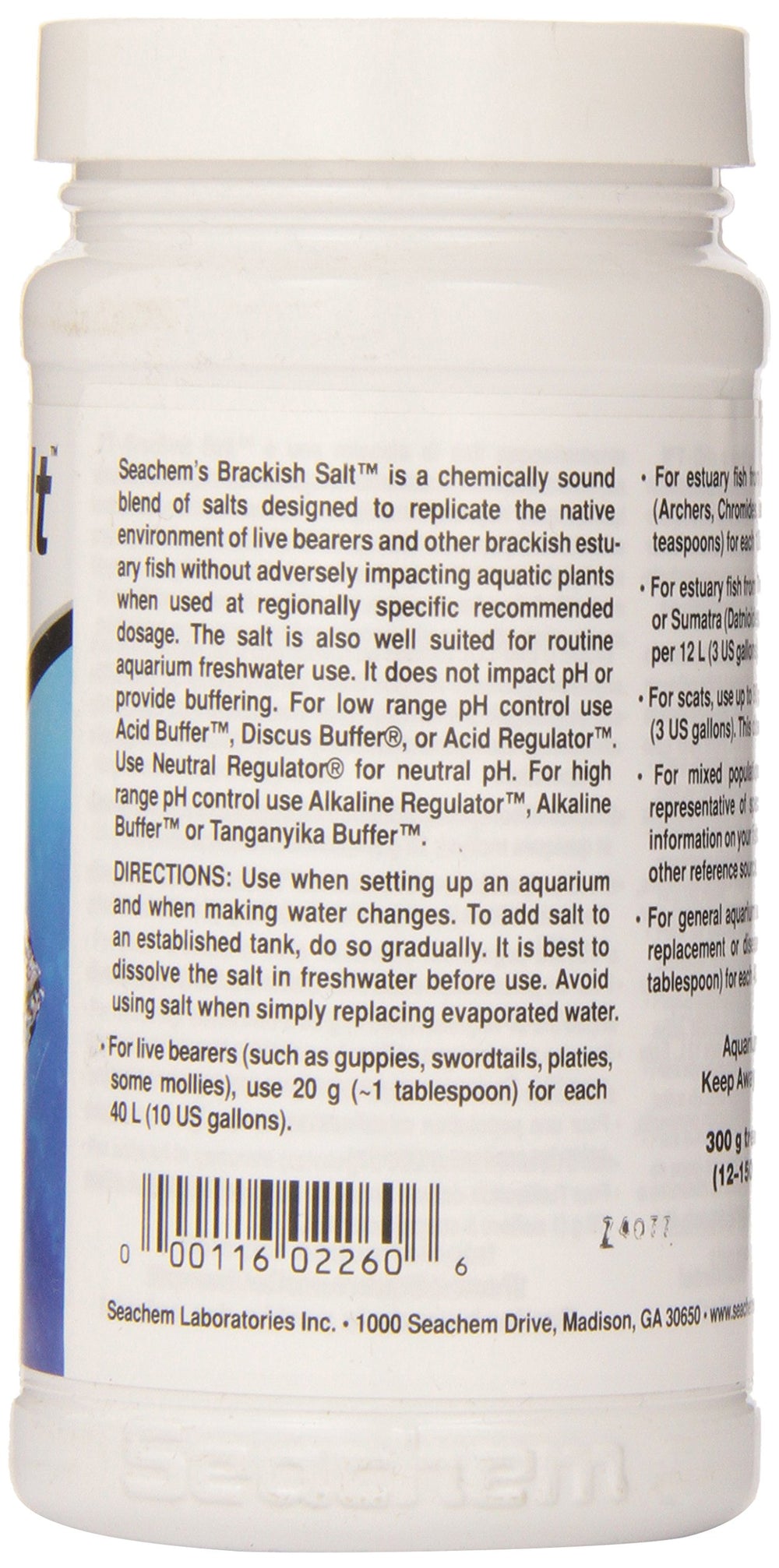 Seachem Sel saumâtre, etiquette, produit sûr pour les plantes aquatiques.
