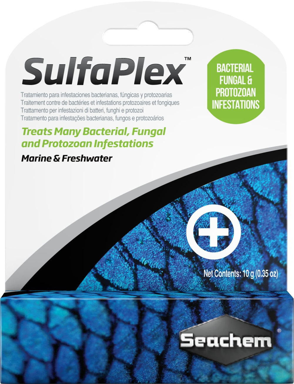 Bouteille Seachem SulfaPlex prête au traitement des poissons.