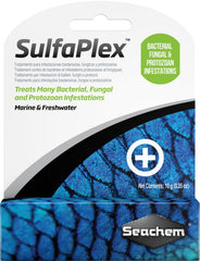 Bouteille Seachem SulfaPlex prête au traitement des poissons.