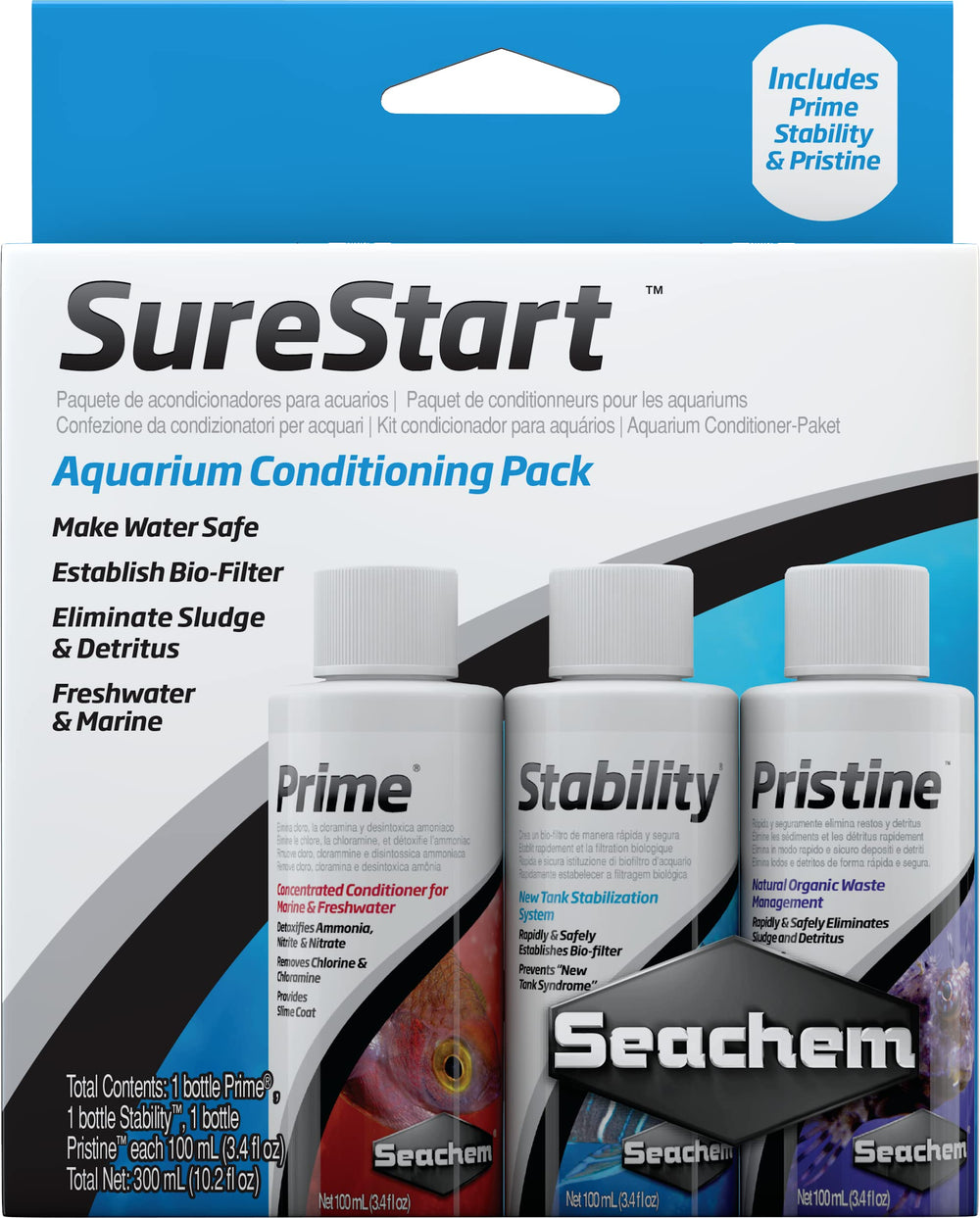 SureStart Pack de Seachem: bouteilles 100 ml prêtes pour démarrage d'aquarium et bénéfices