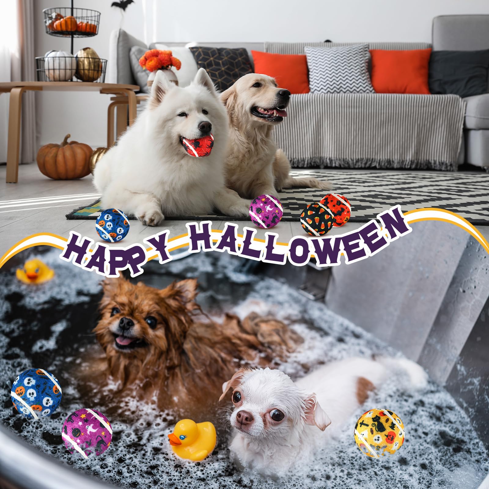 Seenelling balle tennis sifflante fête d’Halloween violet — cadeau ludique pour les propriétaires et leurs chiens.