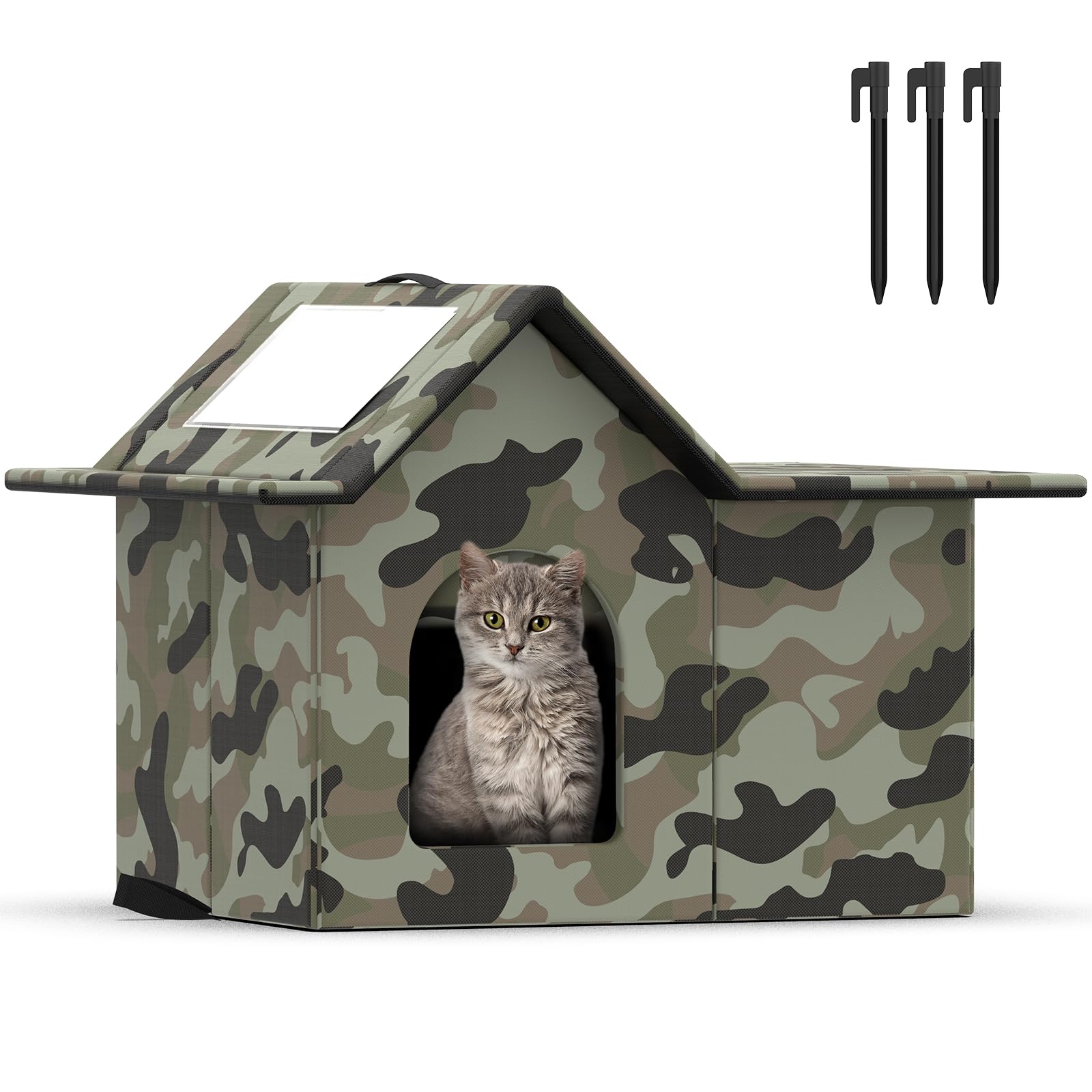 SELBATON Niche chat extérieur vert, vue extérieure, imperméable et stable contre le vent.