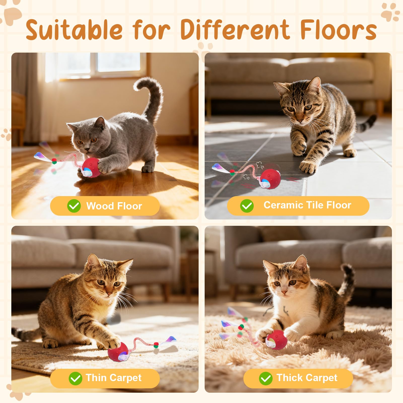Sentoo Balle Chat Interactive fonctionne sur sols variés comme plancher et tapis.