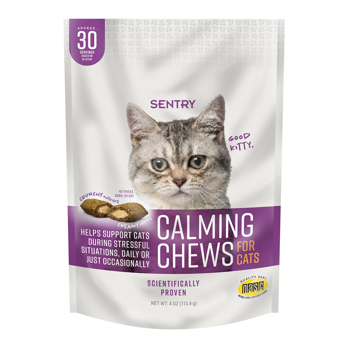 Friandises apaisantes SENTRY pour chats dans une bouteille, pratique et rassurante.