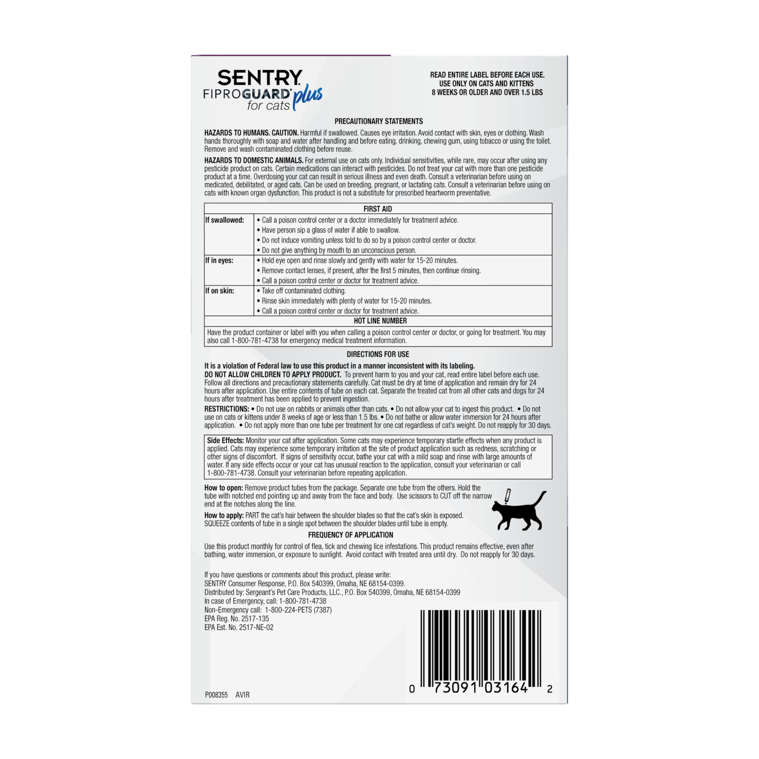 SENTRY FIPROGUARD Plus pour chats, protection contre puces et tiques sur 30 jours