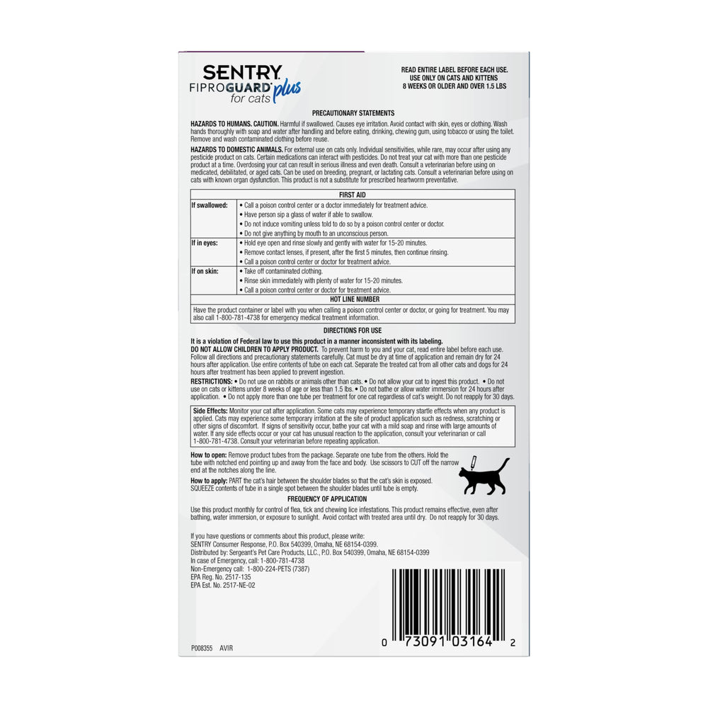 SENTRY FIPROGUARD Plus pour chats, protection contre puces et tiques sur 30 jours
