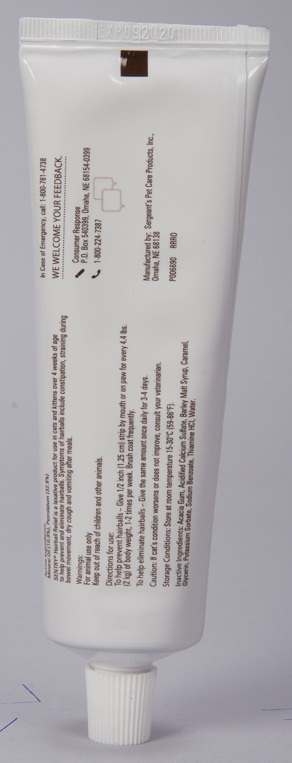 Étiquette claire sur Sentry Hairball Relief, information utile et transparence.