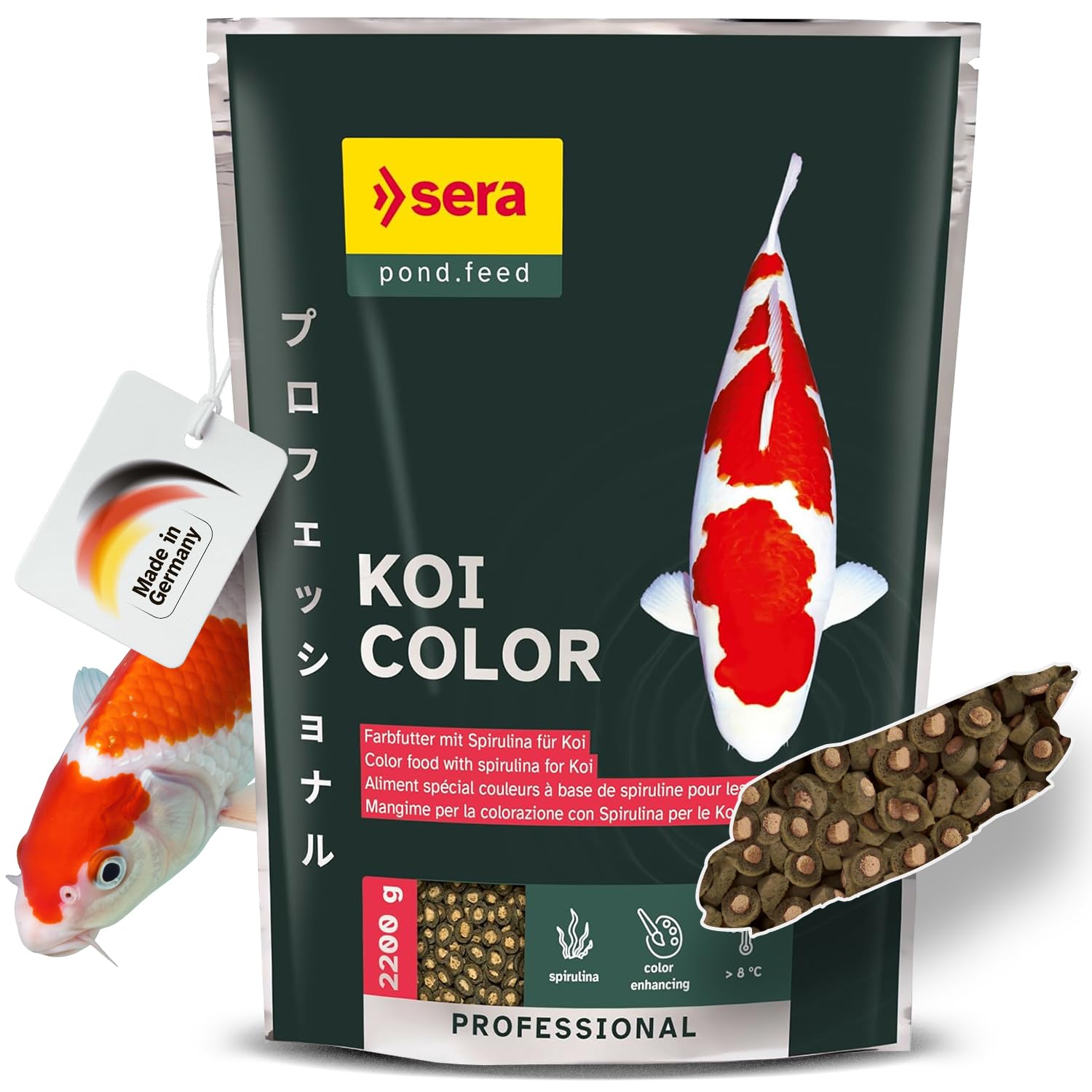 Sera Koi Professional Color granulés flottants pour couleur éclatante et digestion facile.