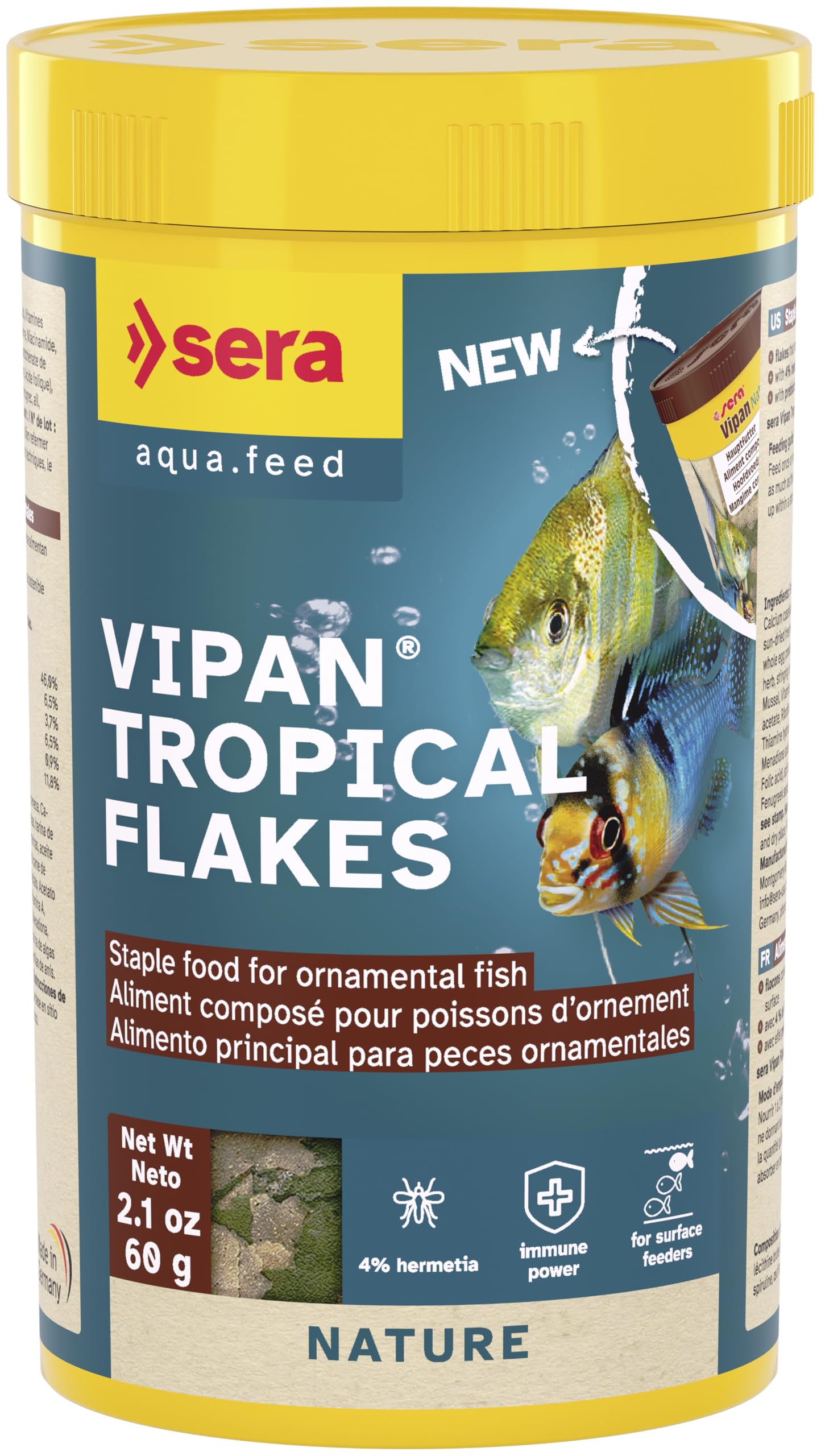 Sera Vipan Tropical Flakes présentés dans le bocal, alimentation équilibrée pour poissons d’ornement.
