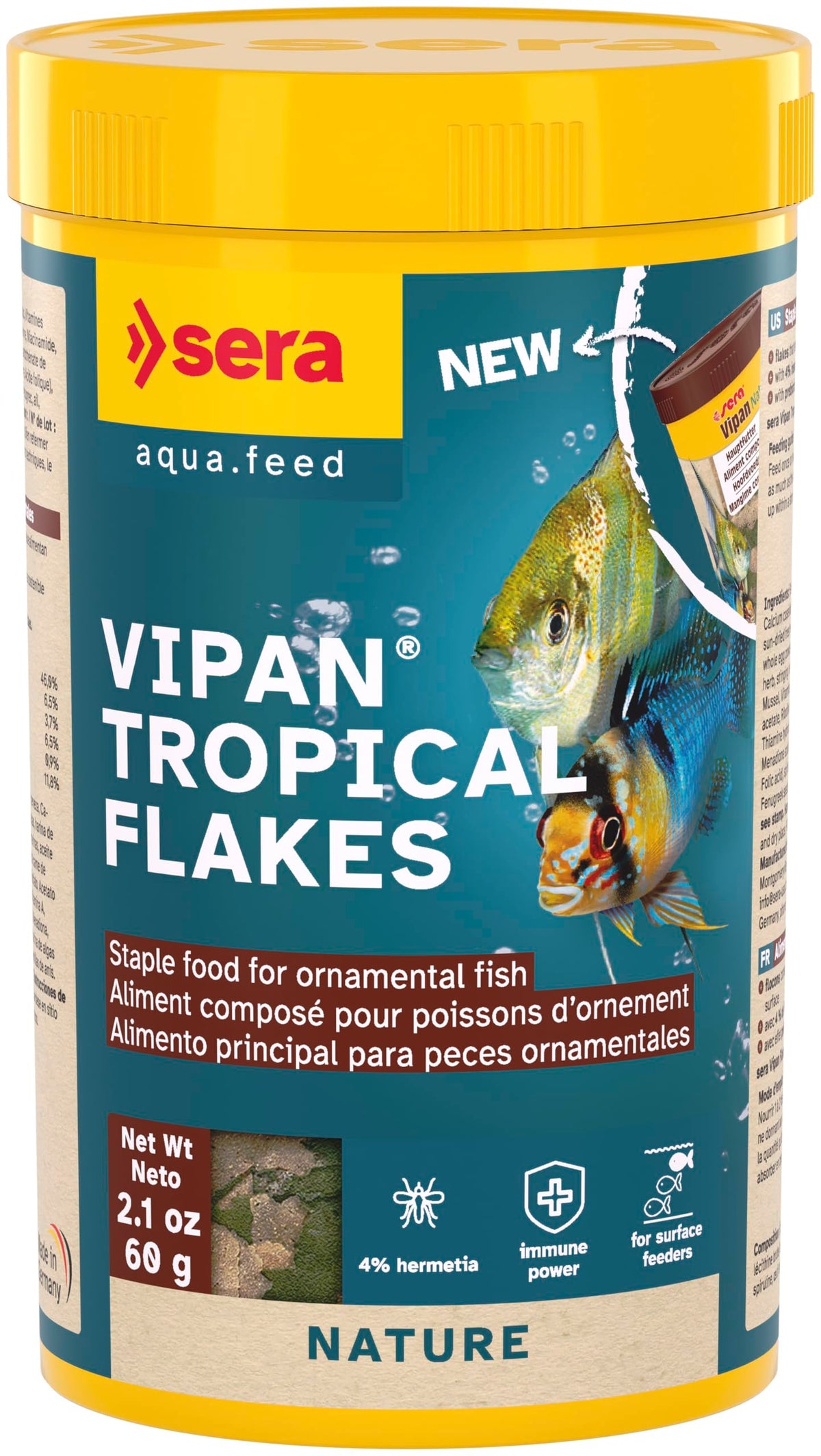 Sera Vipan Tropical Flakes présentés dans le bocal, alimentation équilibrée pour poissons d’ornement.