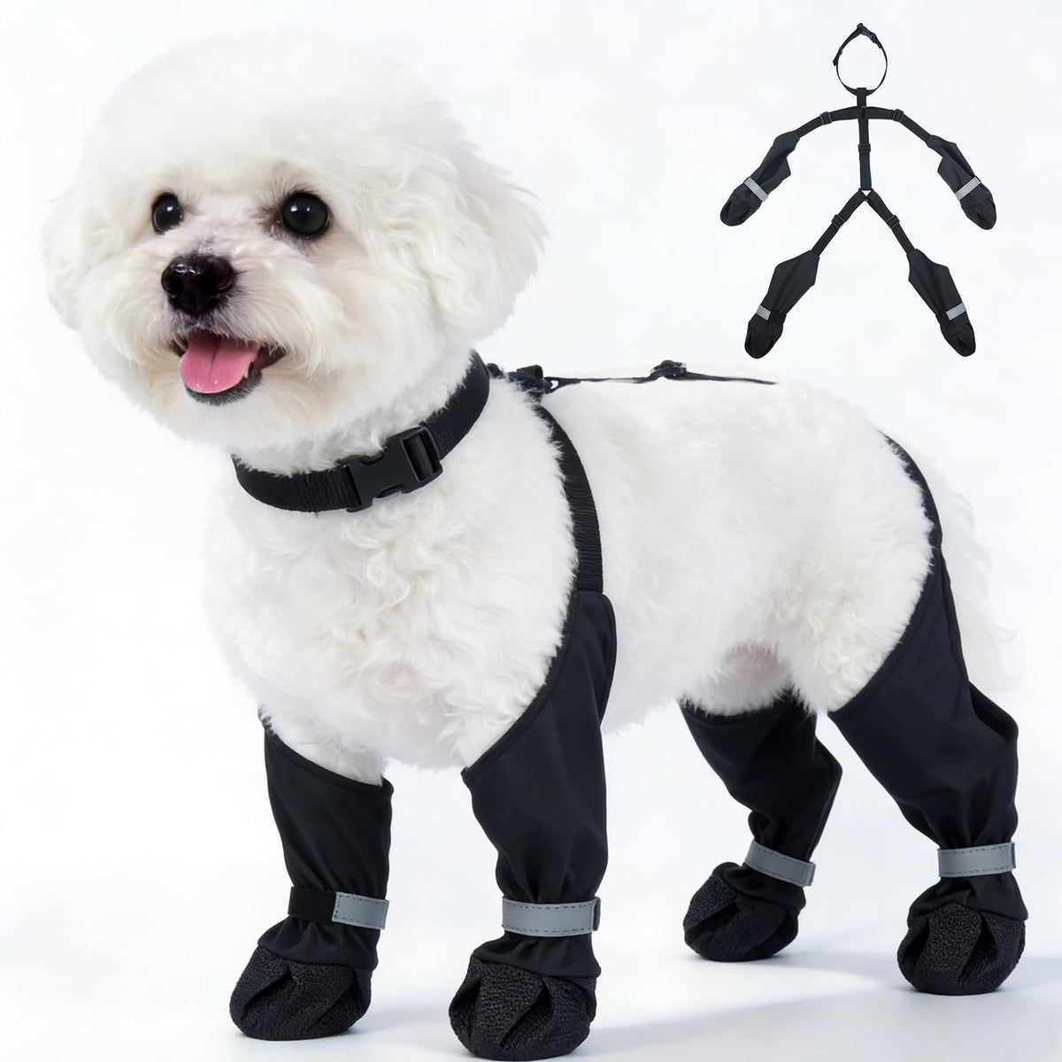 SeranPup bottes chien noir reste en place avec bretelles pour promenades sûres