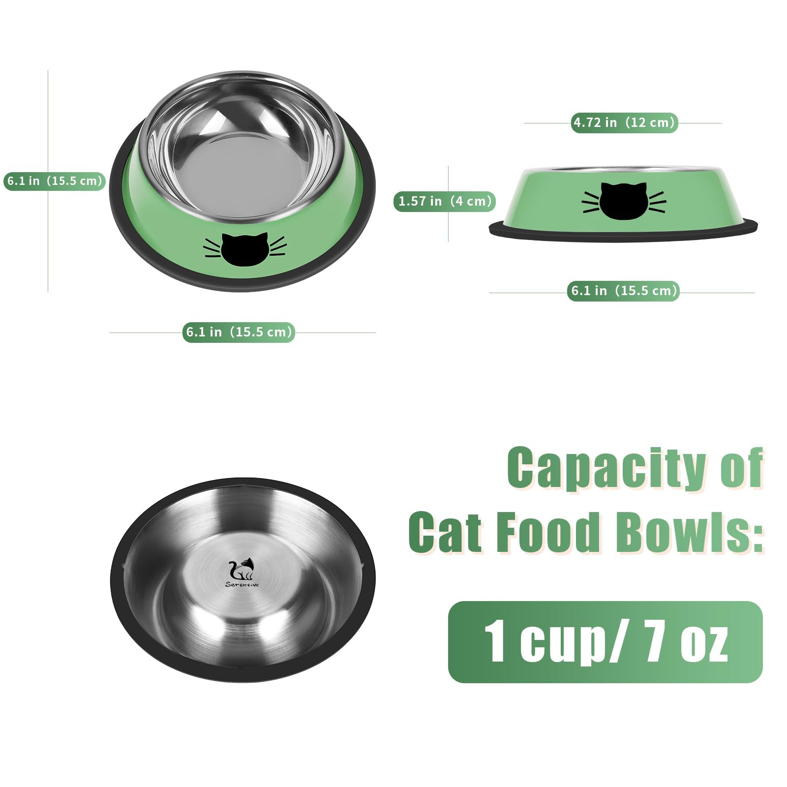 Serentive bol chat inox avec base en caoutchouc amovible pour stabilité.