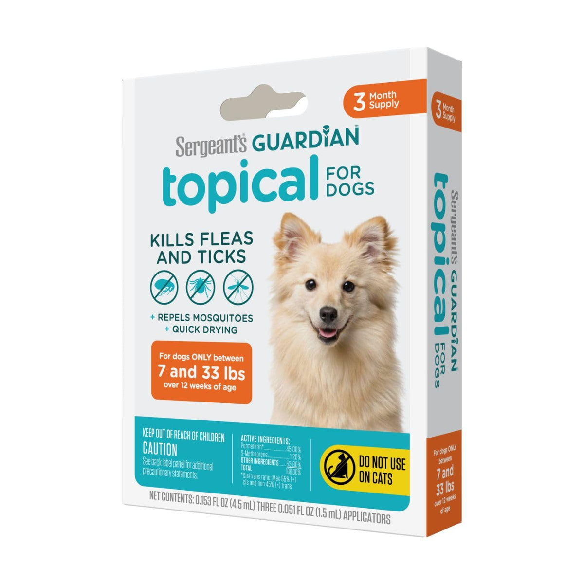 Sergeant's Guardian Squeeze-On protège contre les puces et tiques sur chien.