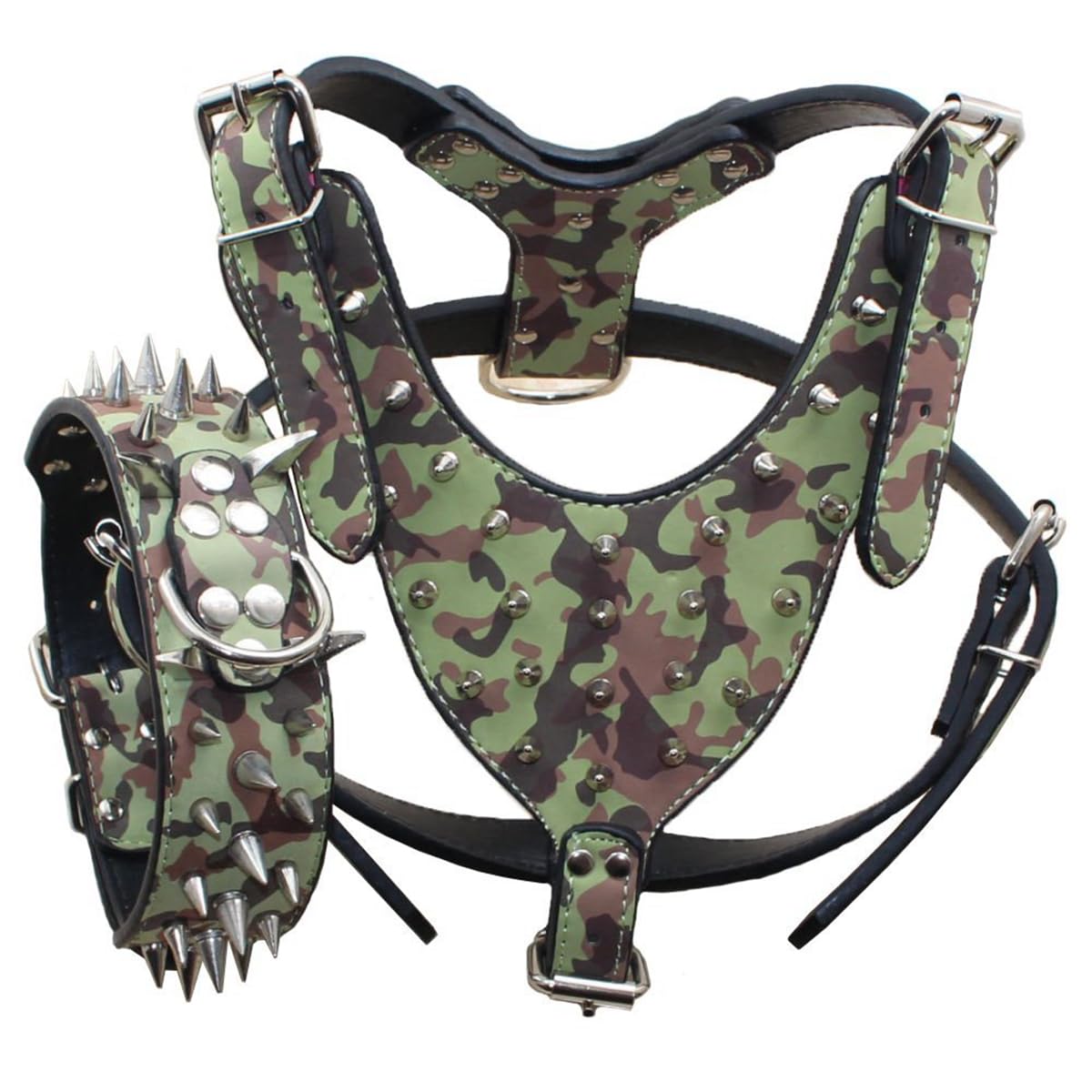 Harnais Serijoars avec pointes camouflage, sécurité et style pour grands chiens.