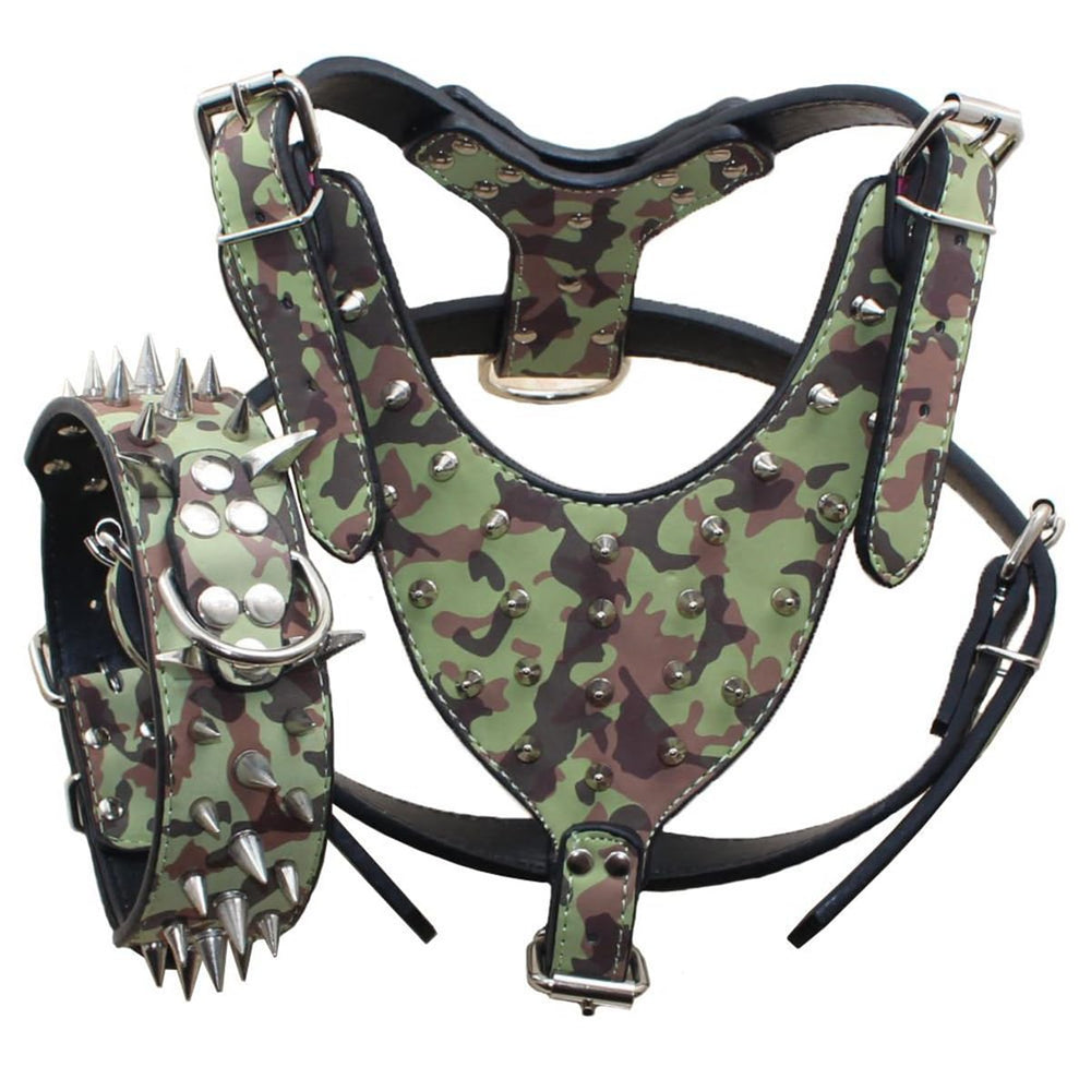 Harnais Serijoars avec pointes camouflage, sécurité et style pour grands chiens.