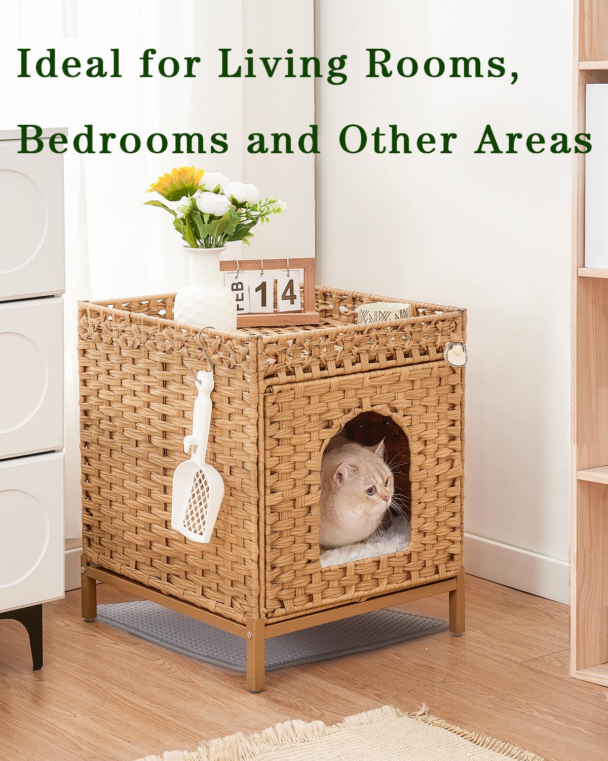 SETVSON détails-rotin-cache-litiere-volets, rangement pratique des accessoires.