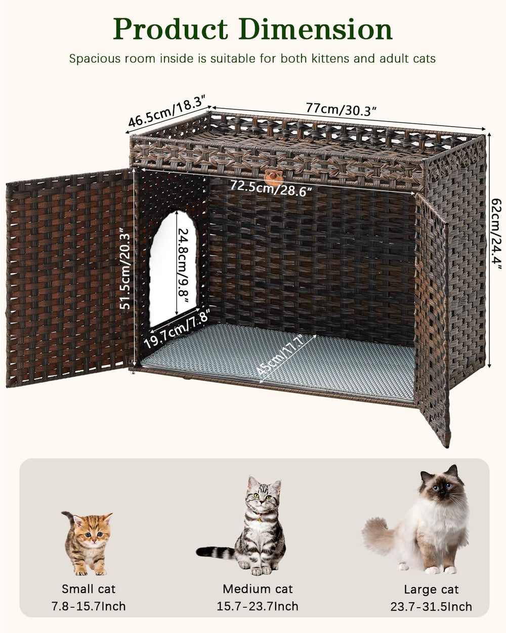 SETVSON Enclos Litière Rotin, crochets S pour accessoires et rangement.