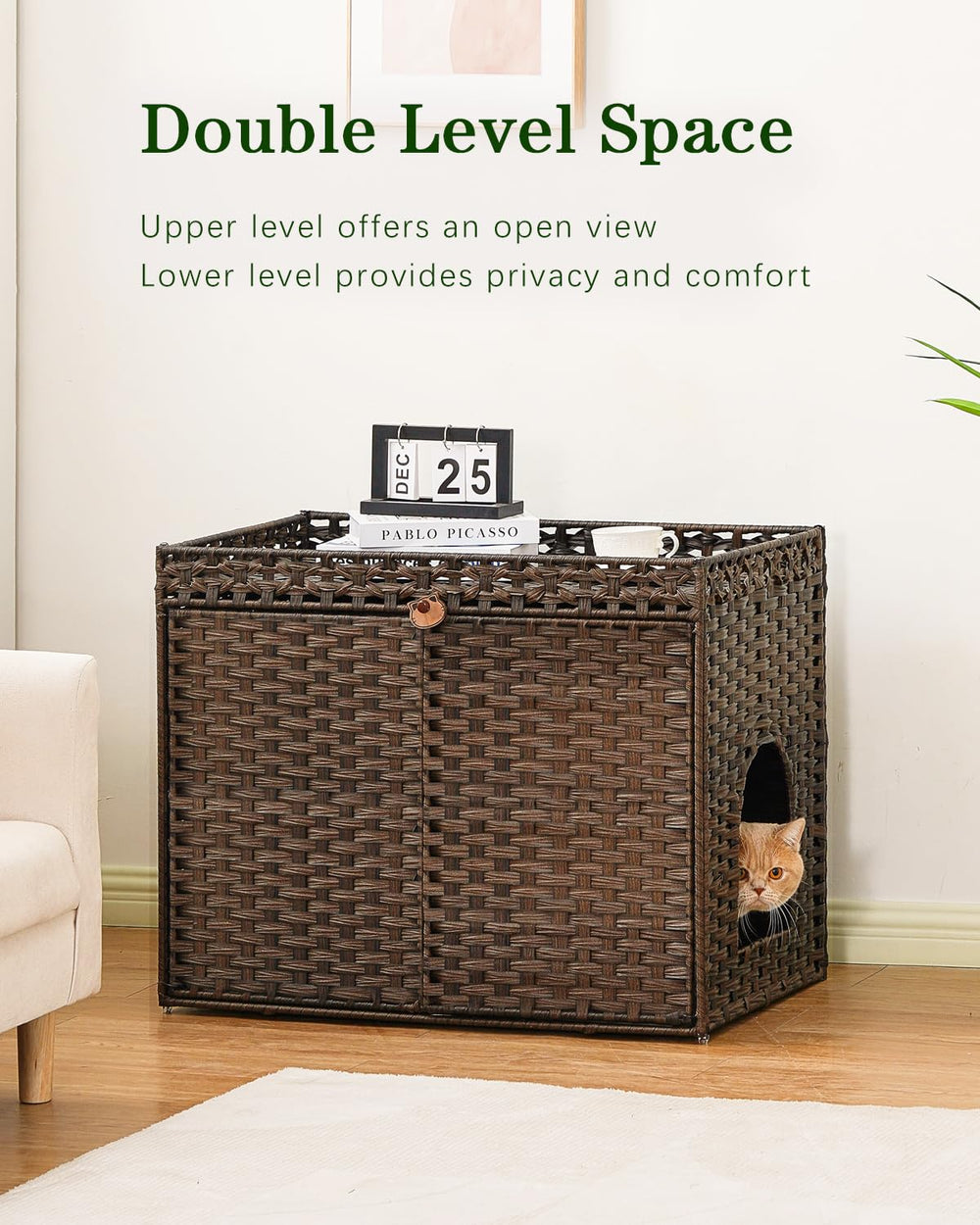 SETVSON Enclos Litière Rotin, vue intérieure, espace spacieux pour le chat.