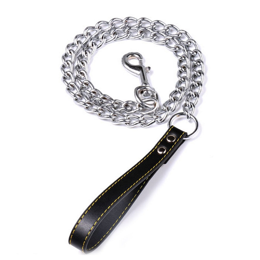 SGODA laisse en chaîne chien avec poignée en cuir noir; prise ferme et durable.