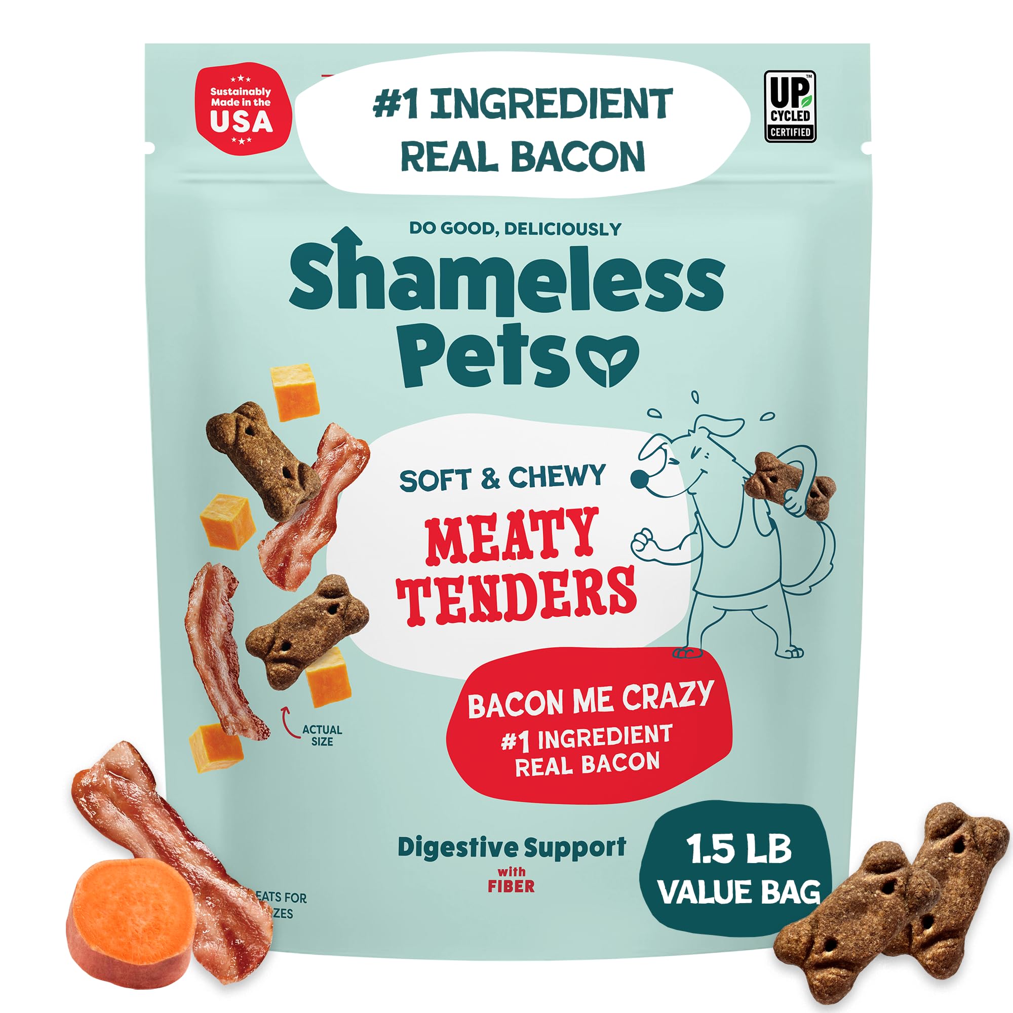 Emballage Shameless Pets Bacon Me Crazy Meaty Tenders prêt à partager.