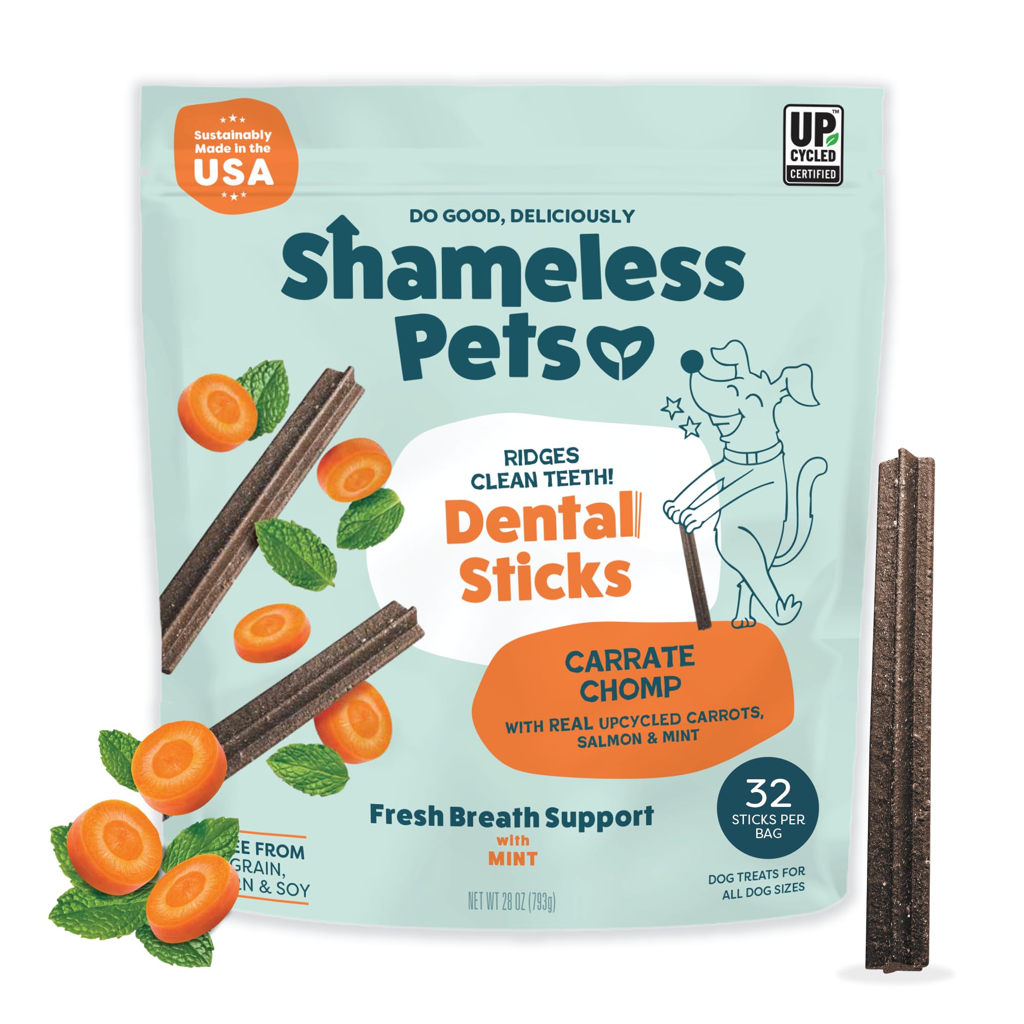 Shameless Pets batonnet dentaire carotte et menthe, nettoyage des dents et haleine fraîche.
