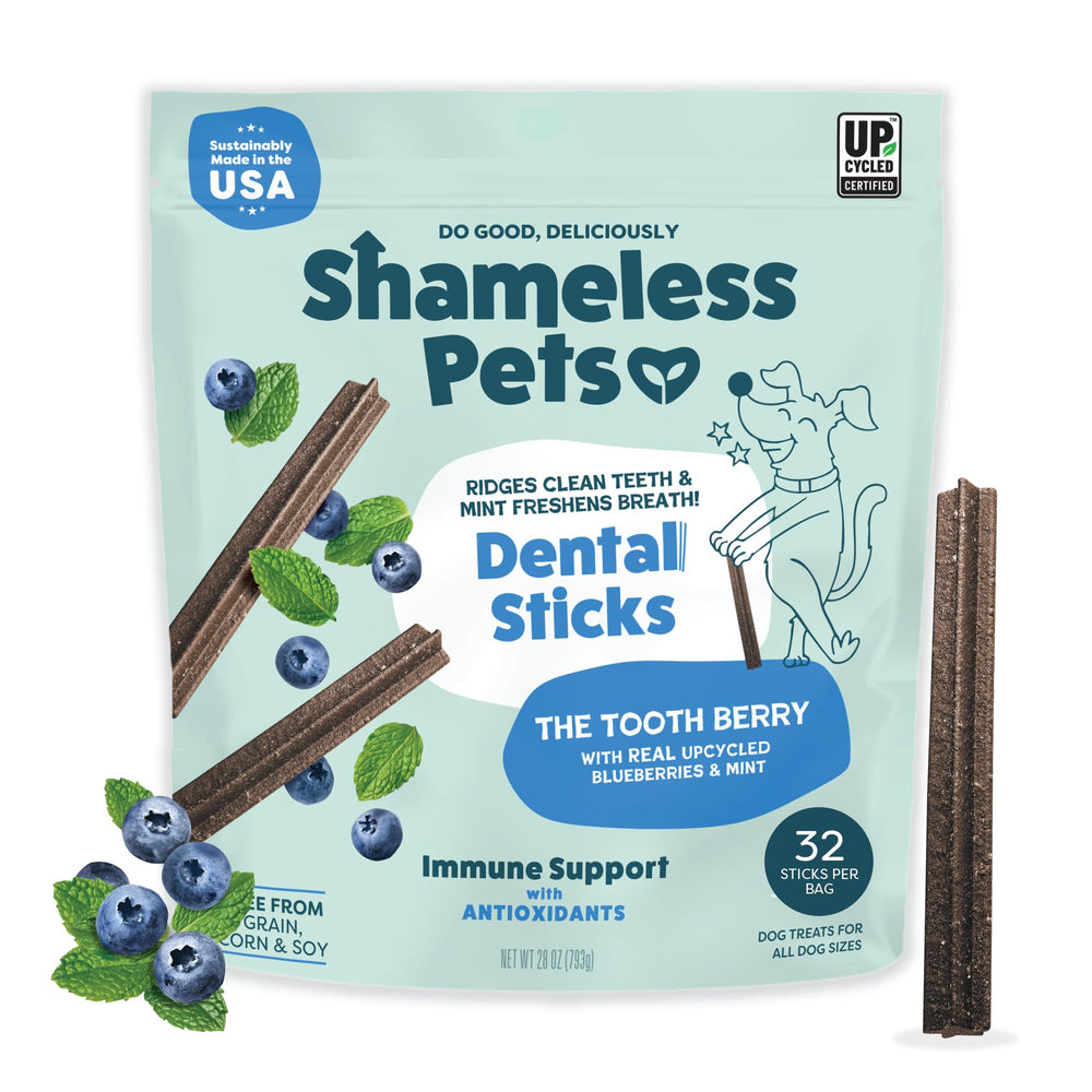 Shameless Pets emballage des batonnets dentaires, solution pratique pour l'hygiène bucco-dentaire.