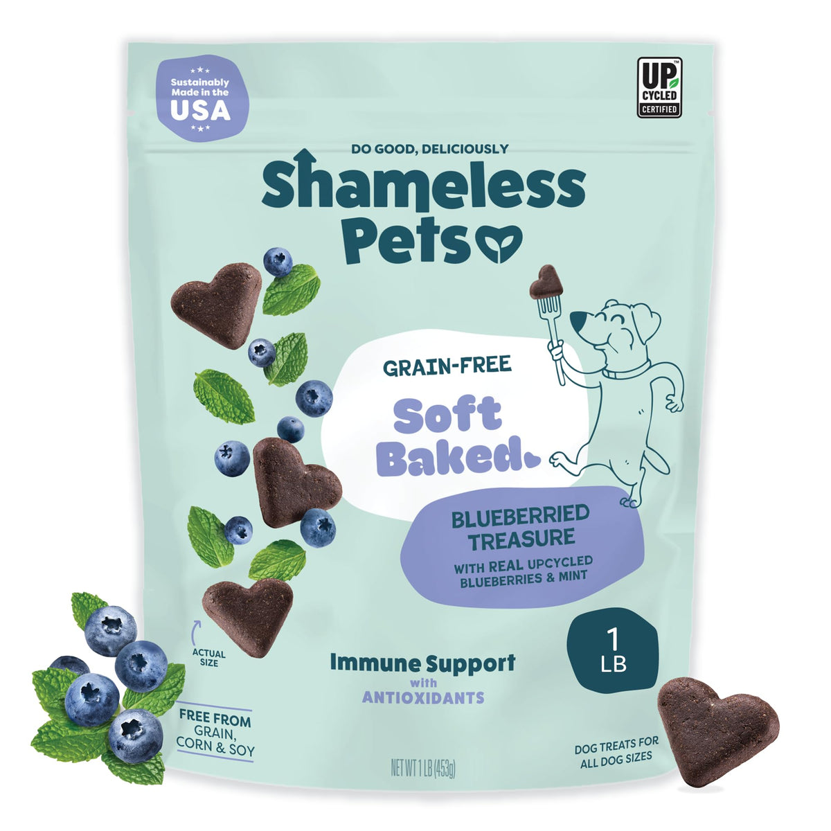 Friandise Shameless Pets moelleuse aux myrtilles, idéale pour l'entraînement et le plaisir.