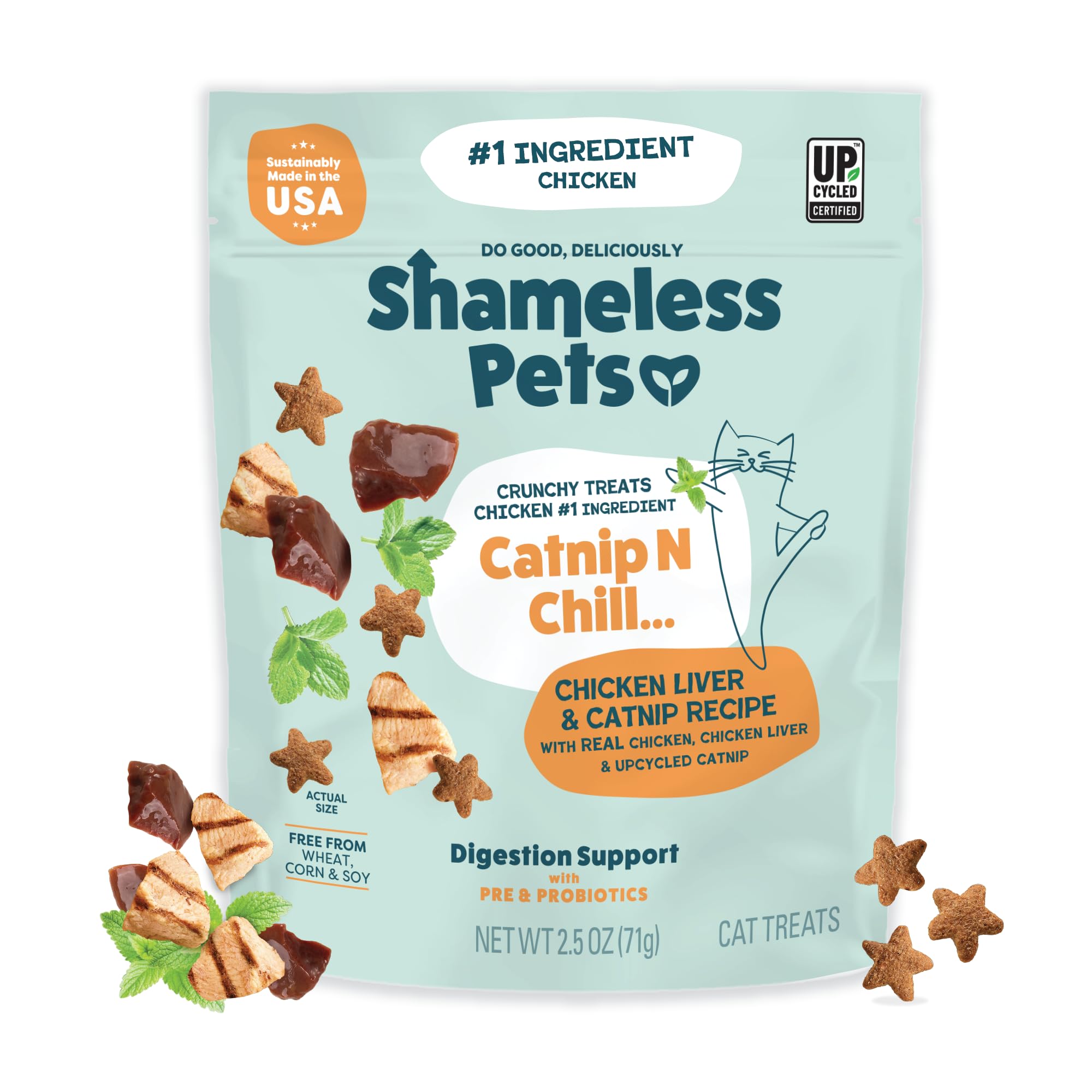 Friandises Shameless Pets Catnip N Chill en forme d'étoile pour chats, texture croustillante et goût attrayant.