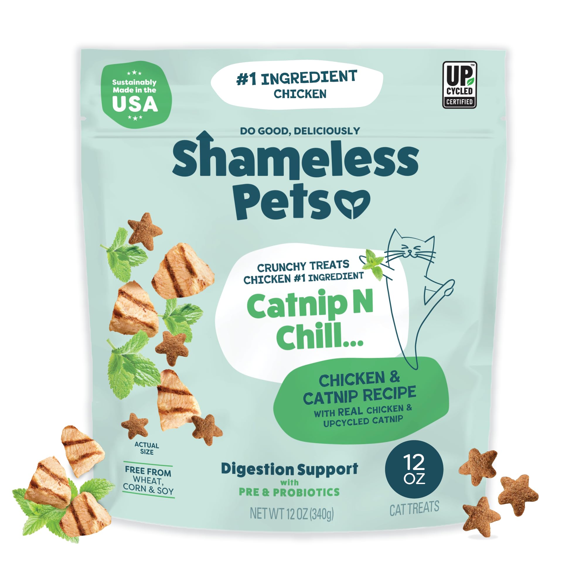 Shameless Pets Catnip N Chill, sac 340 g, friandises croustillantes, idéales pour récompenser l'entraînement.