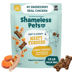 Shameless Pets Cheeky Chicken Meaty Tenders emballage: parfaite récompense lors des balades.