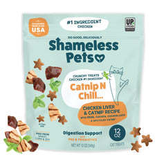 Shameless Pets Catnip N Chill – sachet croquant, plaisir et soutien digestif potentiel.