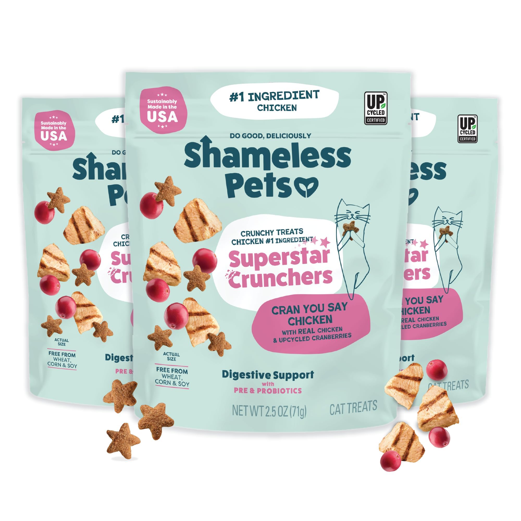 Friandises croustillantes Shameless Pets pour chats, croquant et soutien digestif avec prébiotiques.