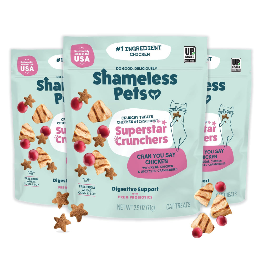 Friandises croustillantes Shameless Pets pour chats, croquant et soutien digestif avec prébiotiques.