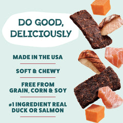 Shameless Pets Jerky Bites Canard-Tato : délice sans céréales, soutien digestion.