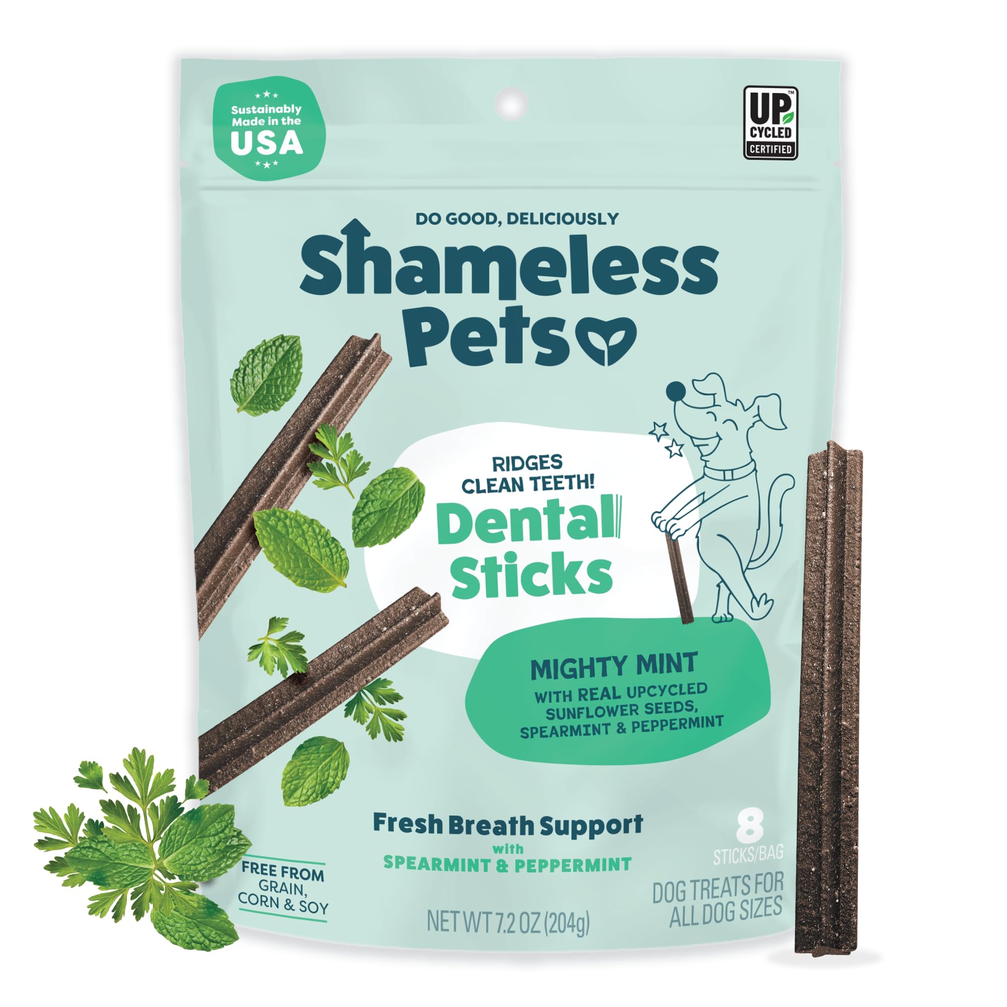 Shameless Pets Triple Menthe emballage prêt à l’emploi pour friandises dentaires sans céréales.