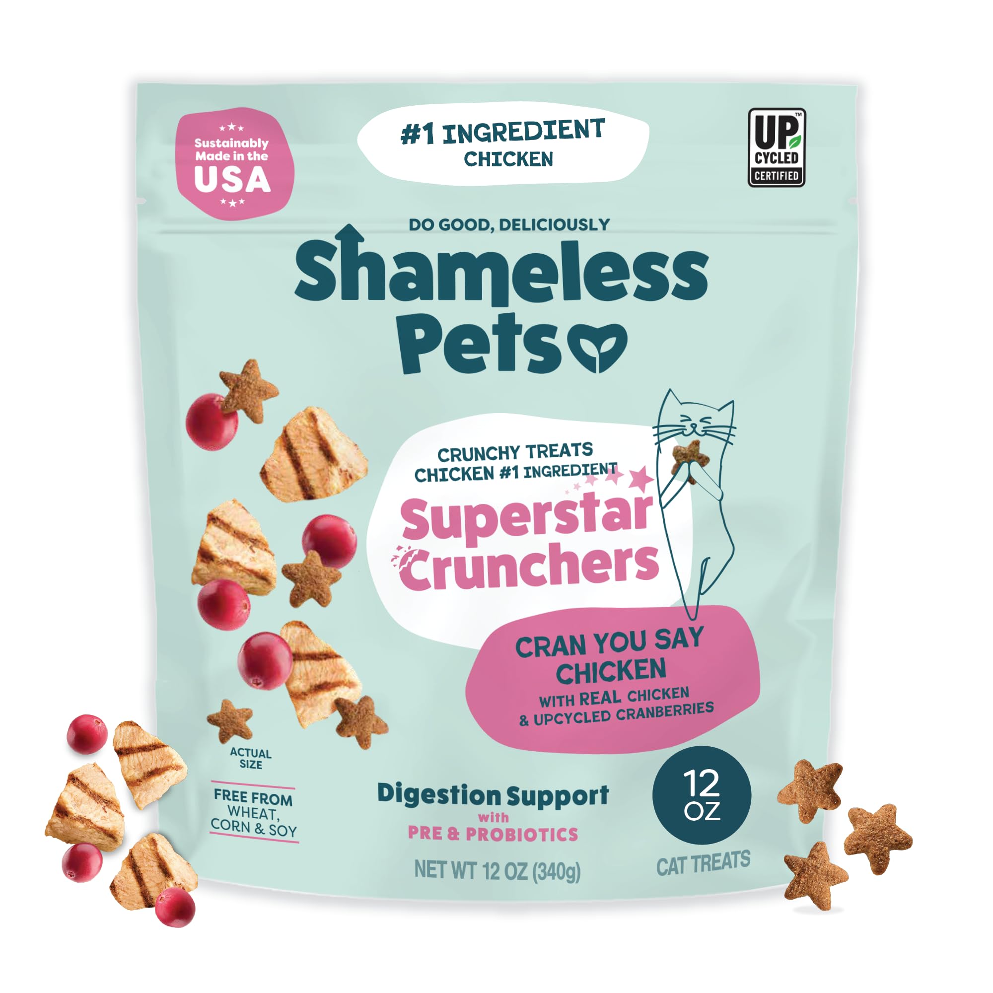 Shameless Pets, friandise croquante au poulet réel, soutien digestif potentiel.