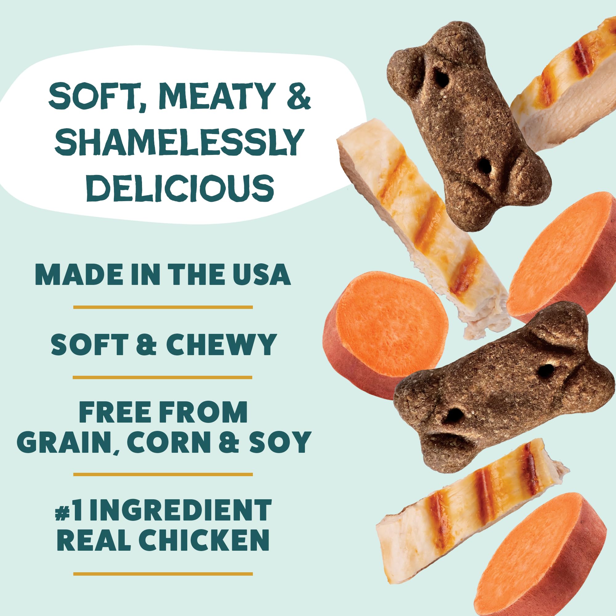 Shameless Pets Cheeky Chicken Meaty Tenders soutien digestif: fibre issue de patate douce recyclée.