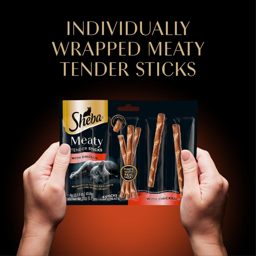 Goûts poulet, thon et saumon dans Sheba Meaty Tender Sticks.