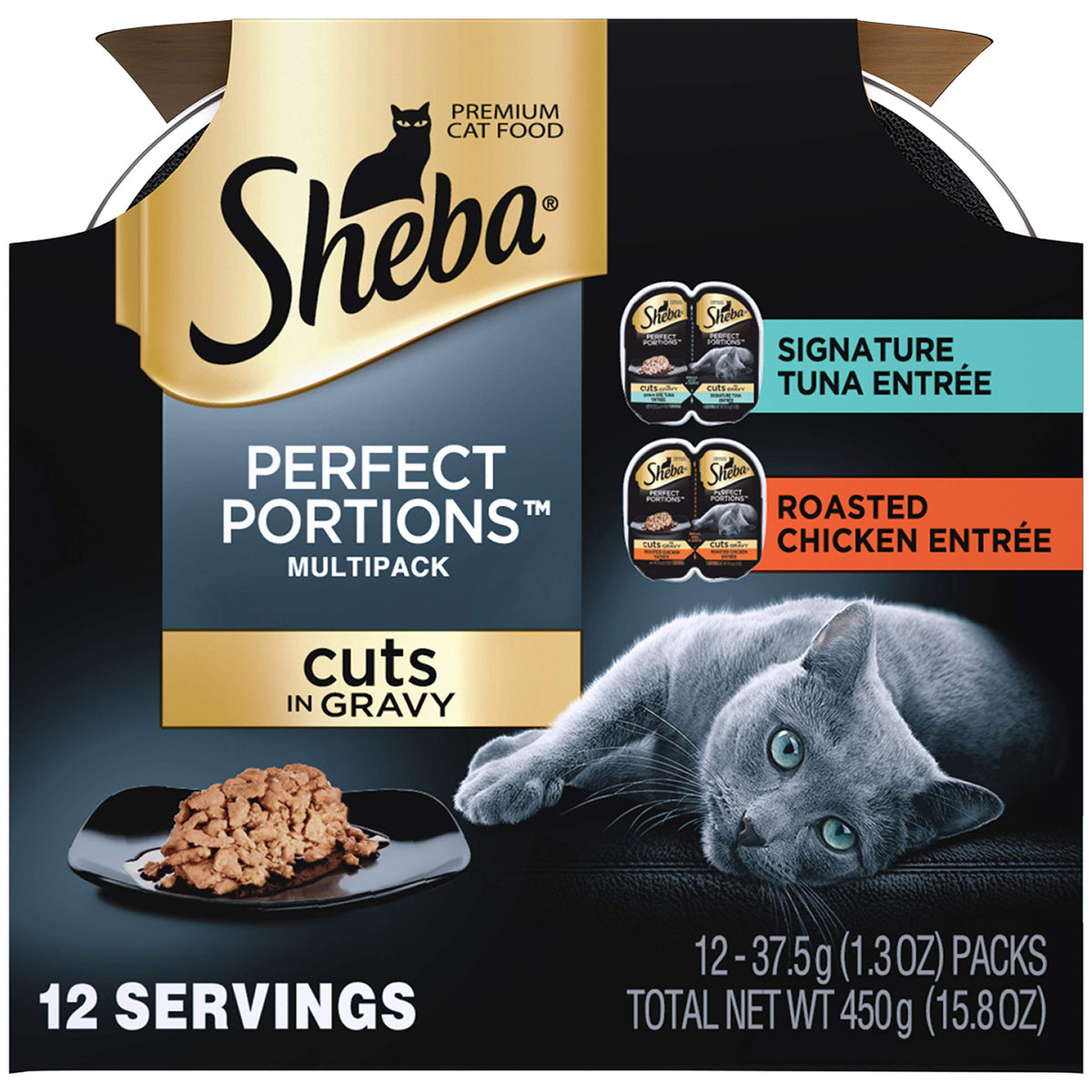 Emballage multipack Sheba Perfect Portions en sauce, pratique pour les repas rapides.