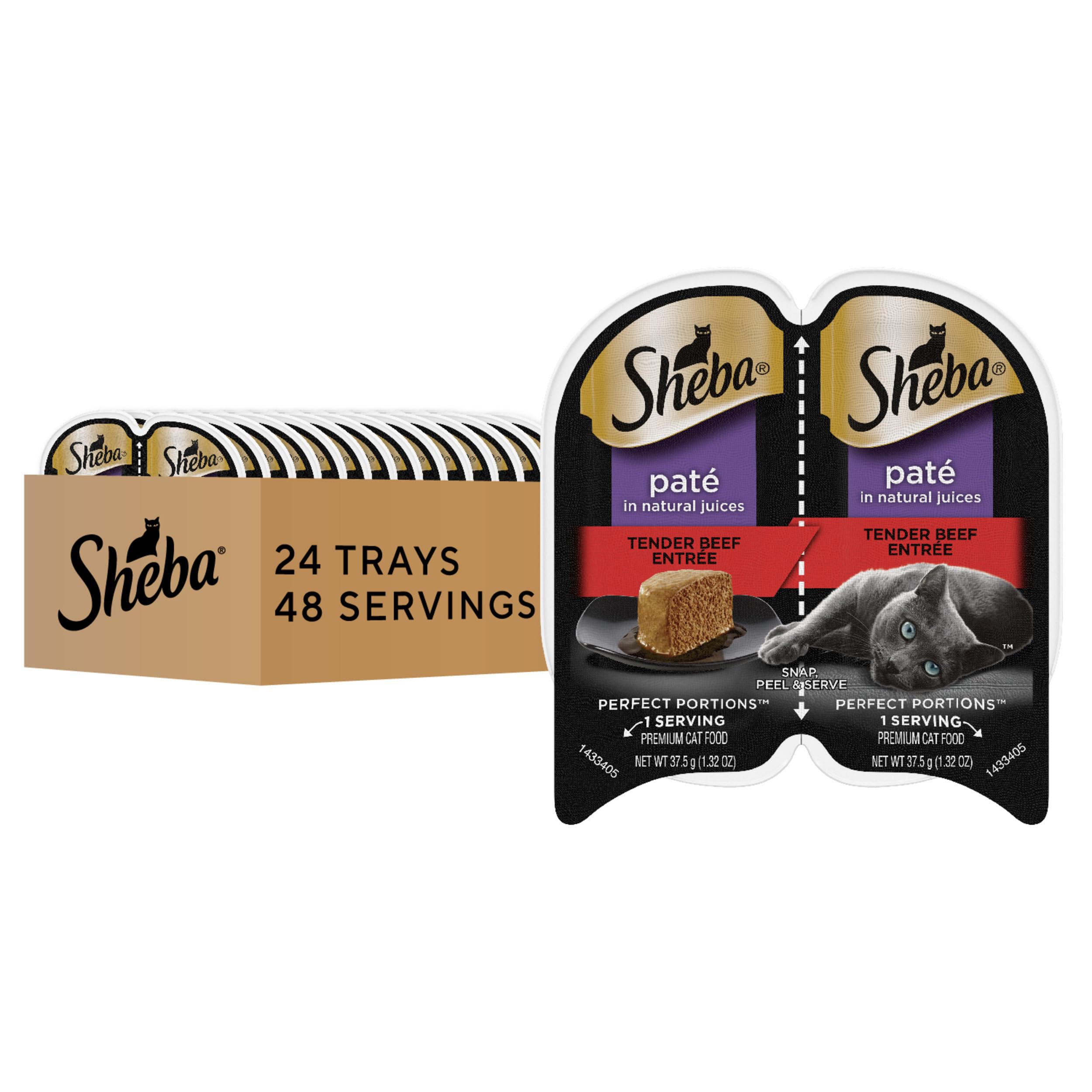 Sheba Perfect Portions Pâté Boeuf Tendre – emballage pratique pour portions propres et faciles à servir.