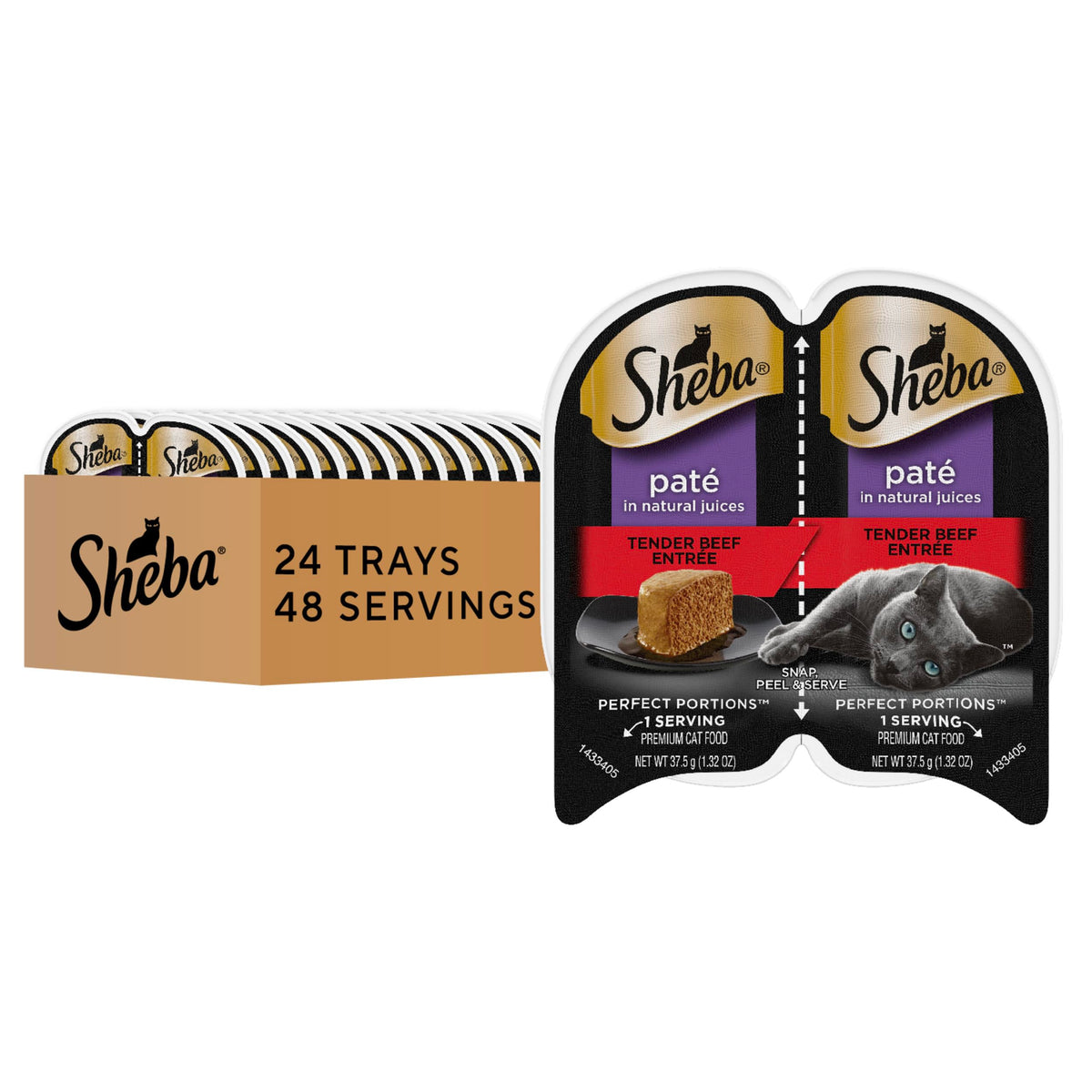 Sheba Perfect Portions Pâté Boeuf Tendre – emballage pratique pour portions propres et faciles à servir.