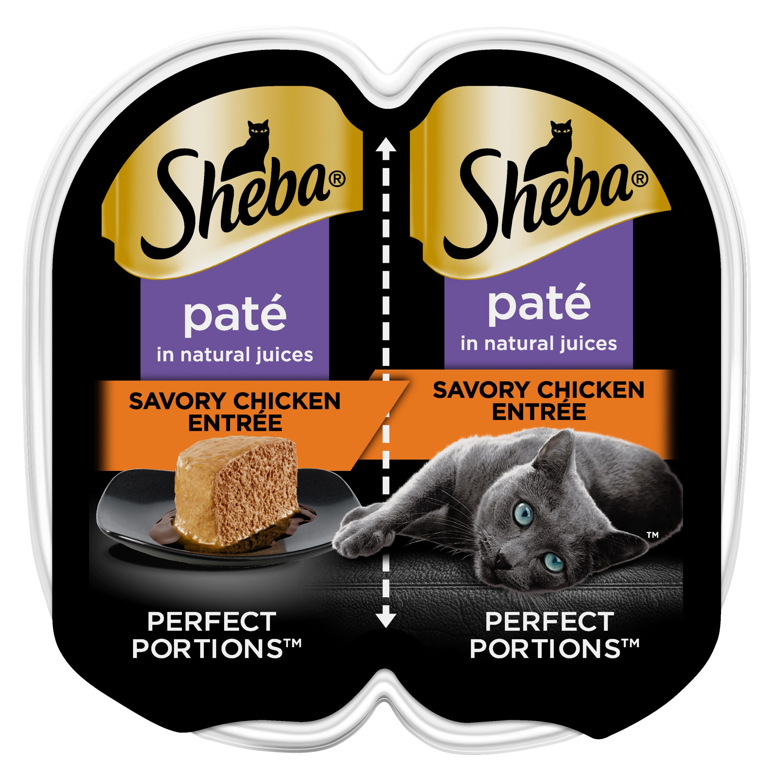Boîte double de Sheba Portions Parfaite Pate Poulet, pratique pour les repas.