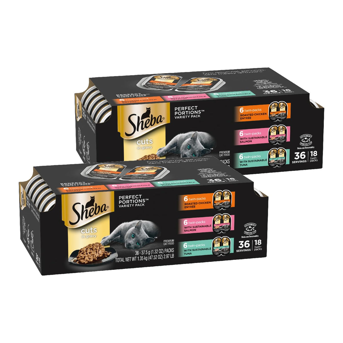 Sheba Portions Parfaites, coupes en sauce au poulet rôti, repas pratique et appétissant.