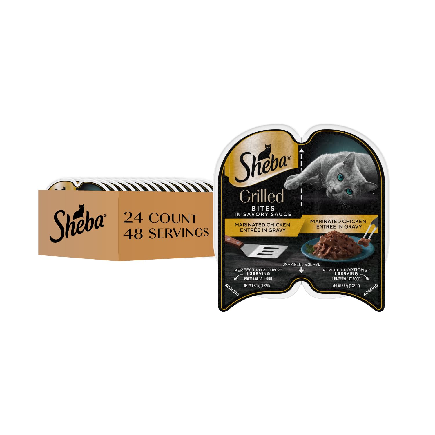 Portions parfaites grillées dans sauce savoureuse Sheba pour chat adulte.