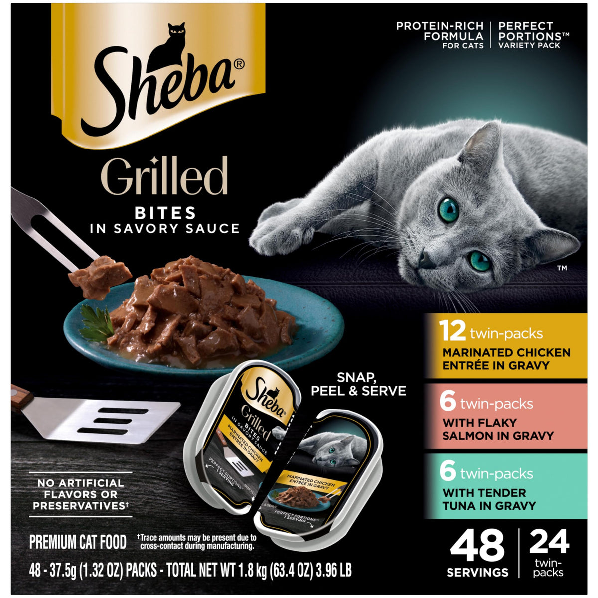 Sheba portions parfaites poulet grillé, service rapide et frais.