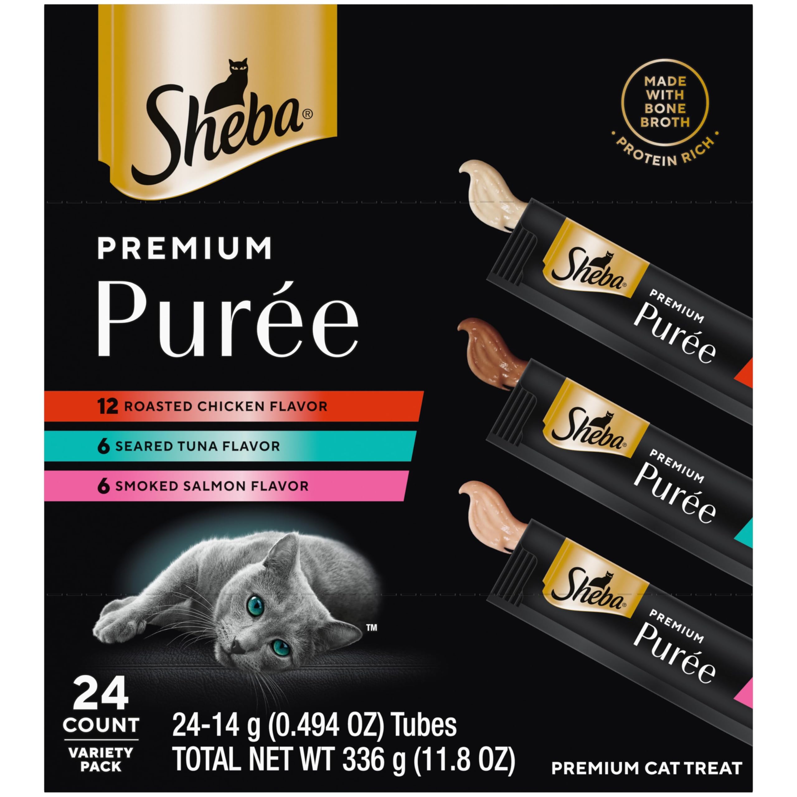 Sheba Premium Puree, tube poulet rôti, texture onctueuse pour un moment câlin.